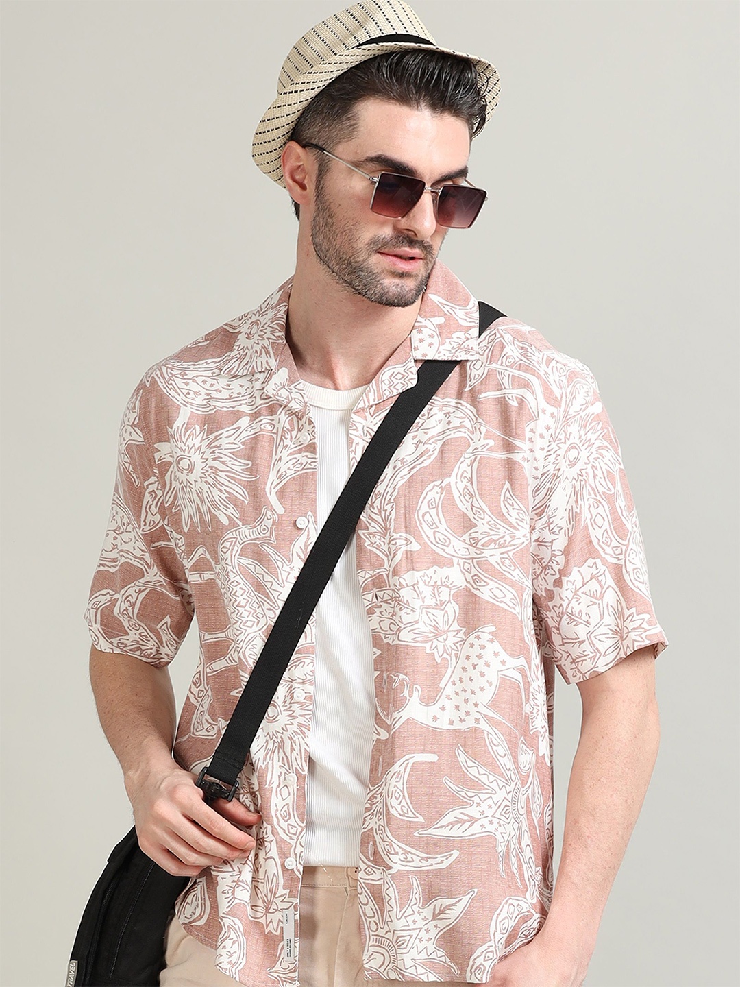 

StitchX Men Relaxed Fit Half Sleeve Faded Printed Cuban Collar Casual Shirt, Beige
