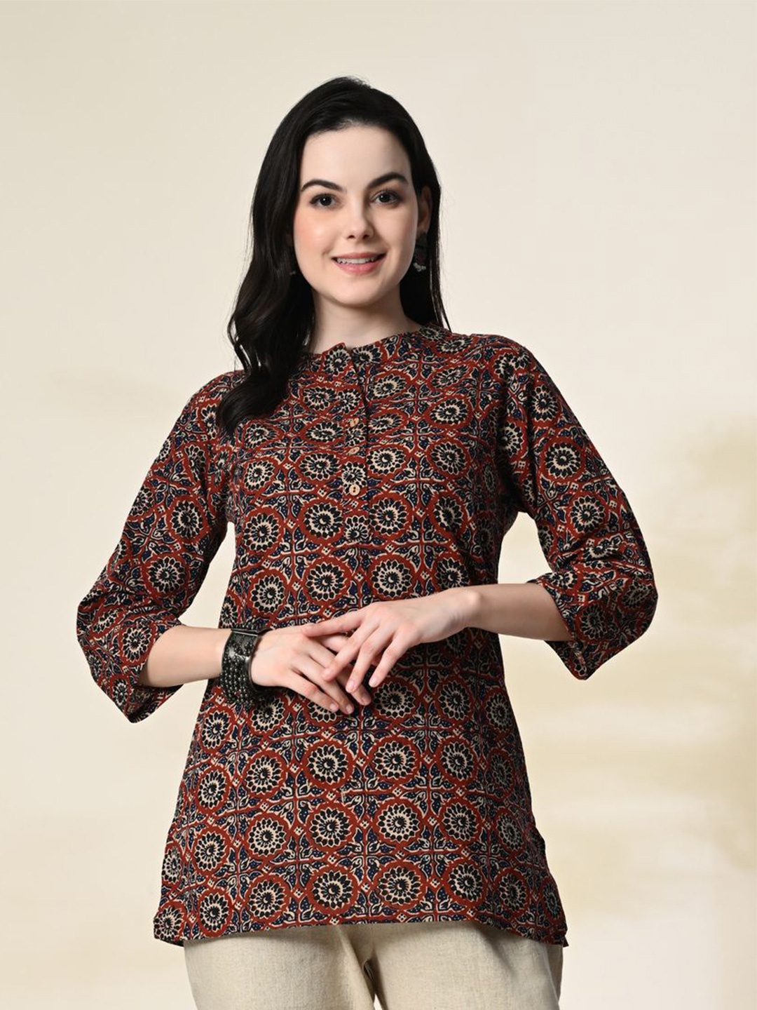 

Fabway Clothing Mandarin Collar Printed Ethnic Tunic, Maroon
