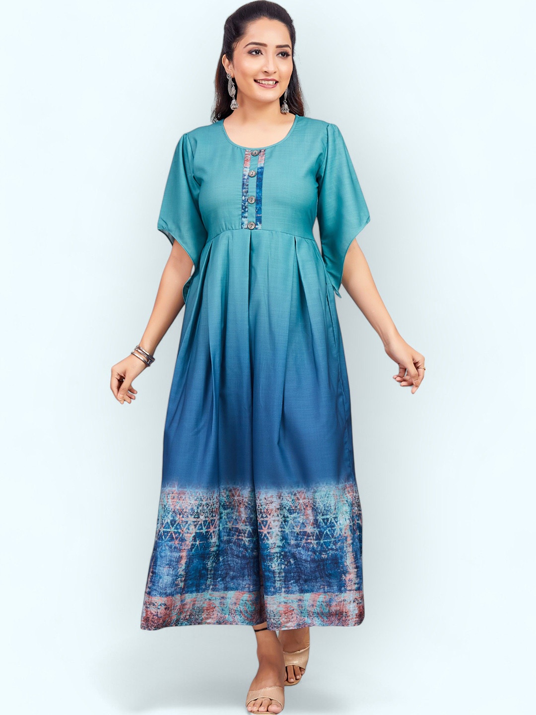 

PAMPER YOURSELF Women Printed Fit & Flare Maxi Dress, Turquoise blue