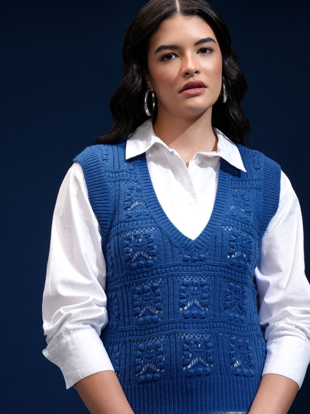 

Tokyo Talkies Women Cable Knit Self Design Sweater Vest, Blue