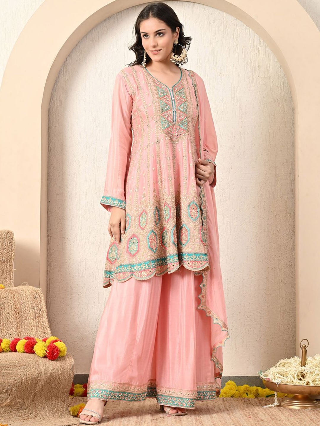 

ZARIKALI Ethnic Motifs Embroidered Zari A-Line Kurta With Palazzos & Dupatta, Pink