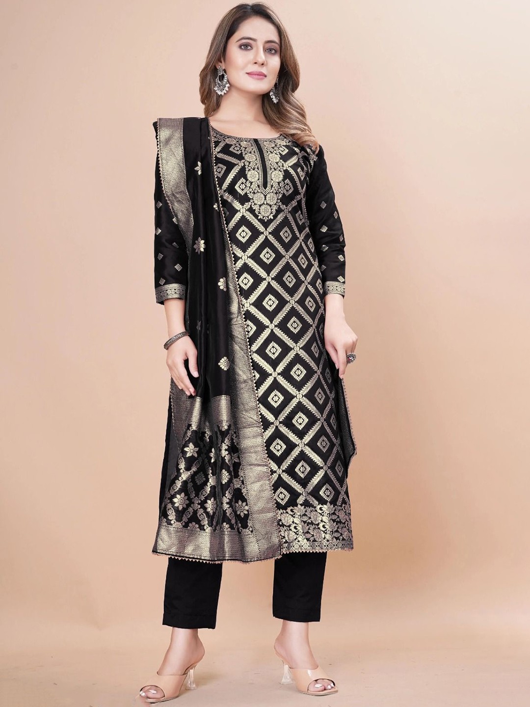 

LEAFFEB Art Silk Unstitched Dress Material, Black