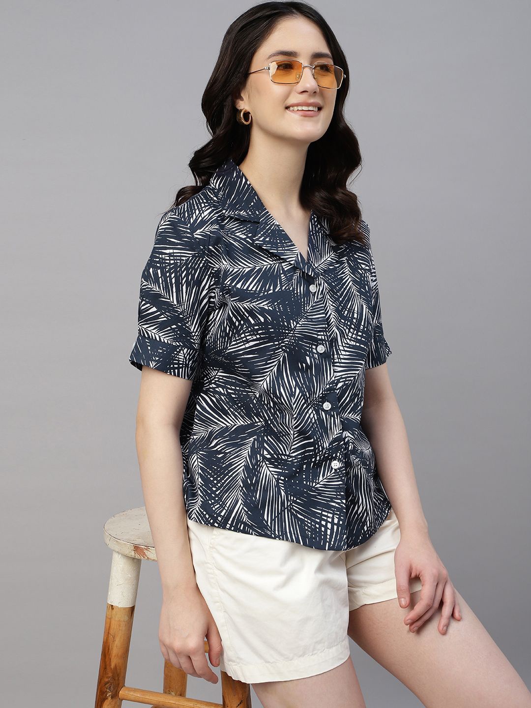 

Hancock Women Tropical Printed Pure Cotton Casual Shirt, Navy blue