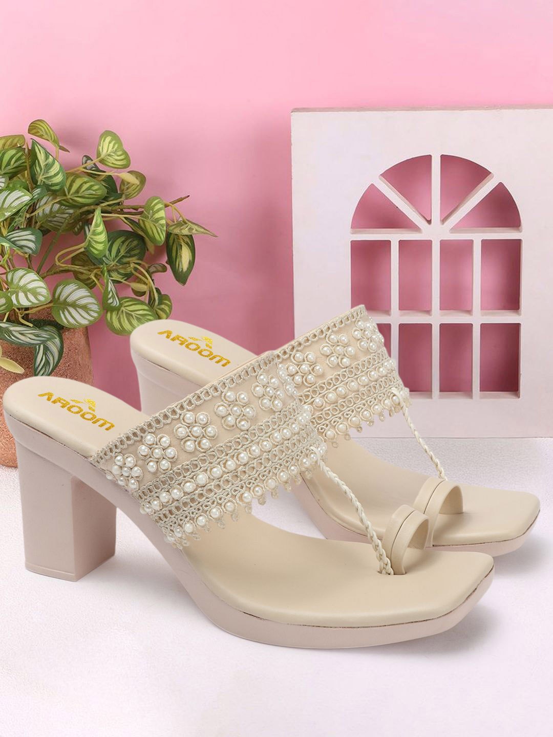 

AROOM Embellished Block Sandals, Cream
