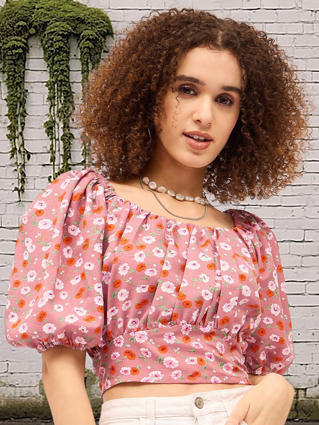 

DressBerry Floral Print Puff Sleeve Cotton Crop Top, Multi