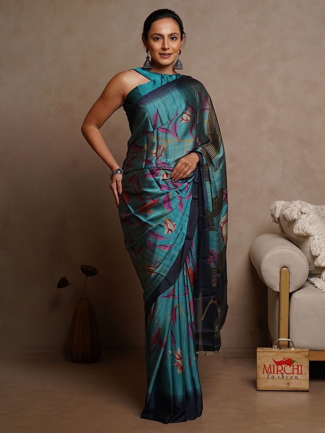 

KALINI Floral Poly Chiffon Saree, Turquoise blue