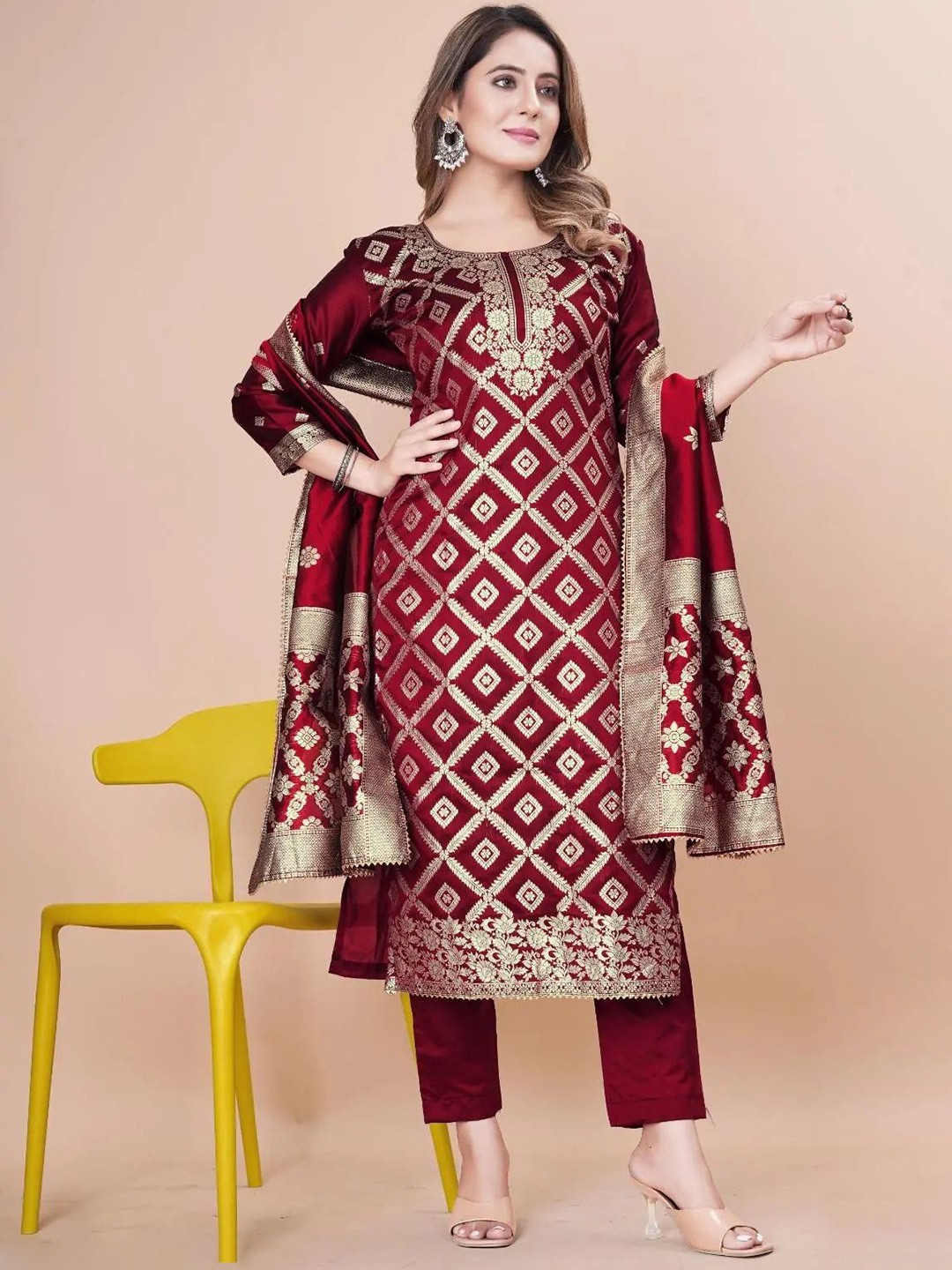 

LEAFFEB Art Silk Unstitched Dress Material, Maroon