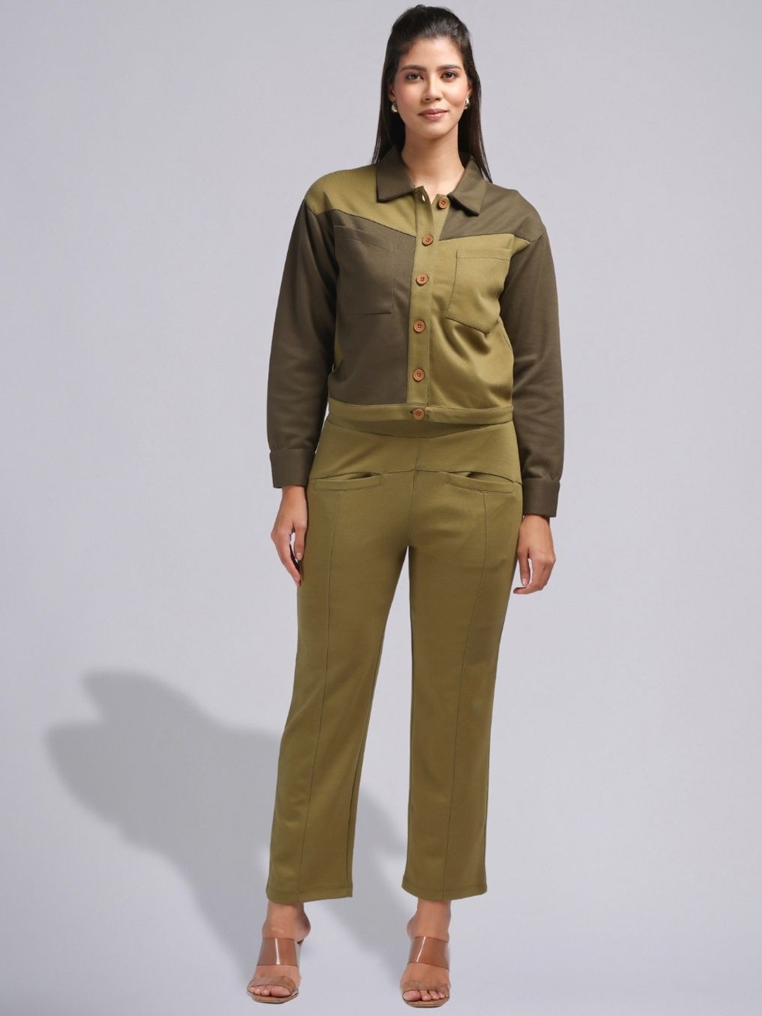 

PUREMIST Colourblocked Shirt Collar Long Sleeves Shirt & Trouser, Green