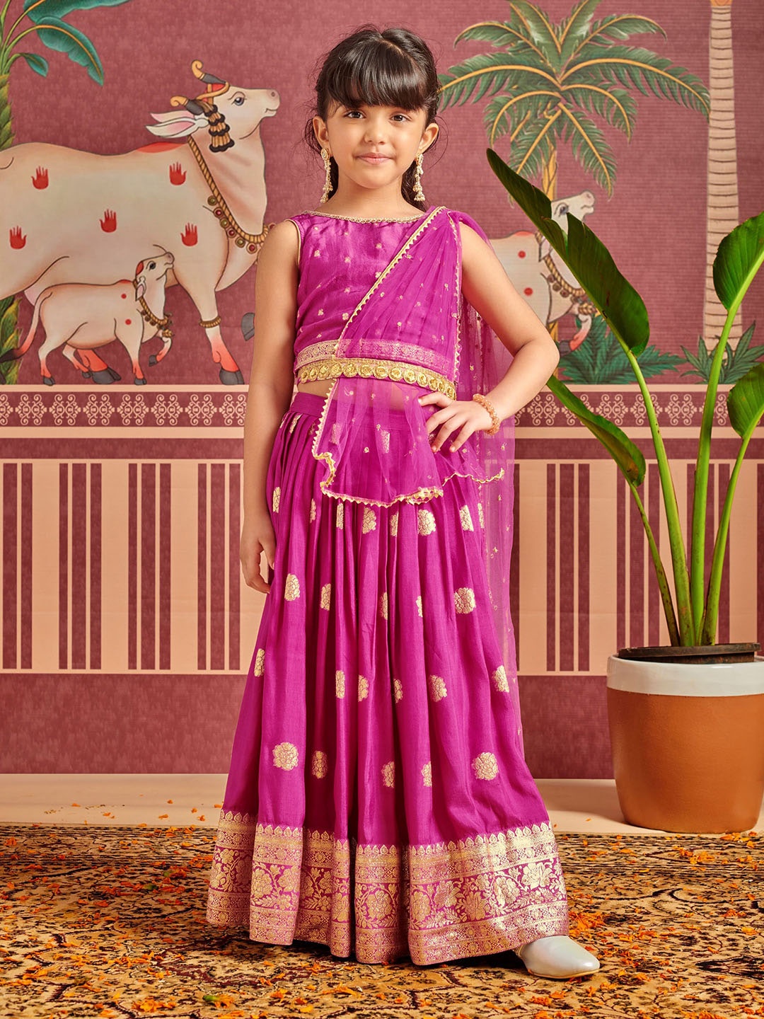 

MASTARANG Girls Silk Lehenga Set With Stitched Duppata, Purple