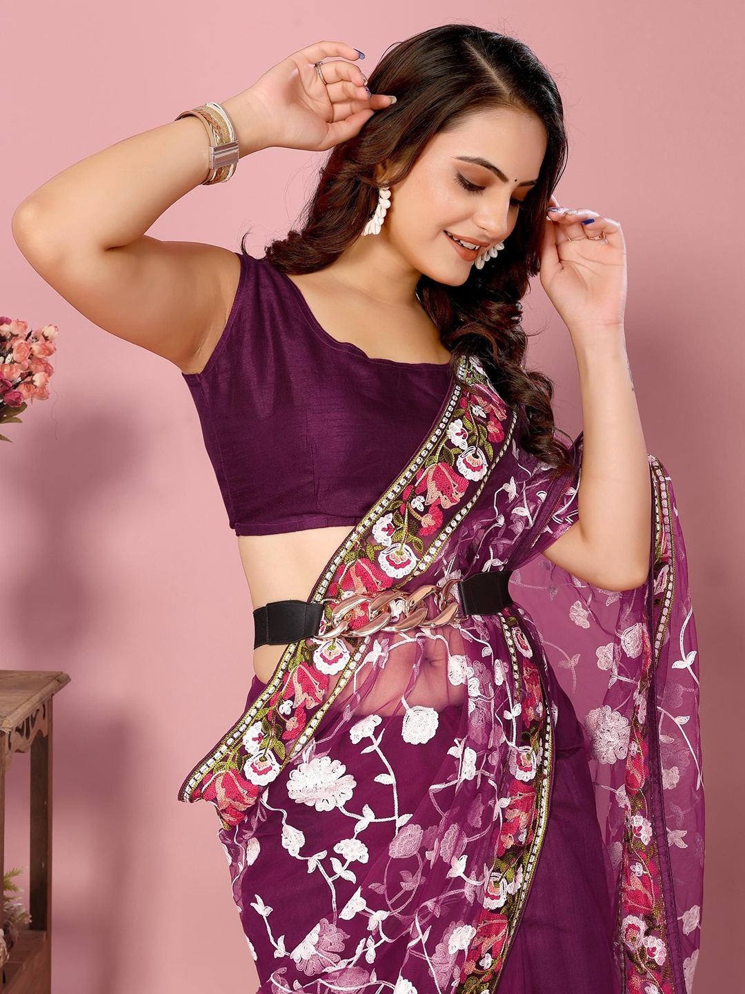 

HERE&NOW Floral Embroidered Saree with Blouse Piece, Purple
