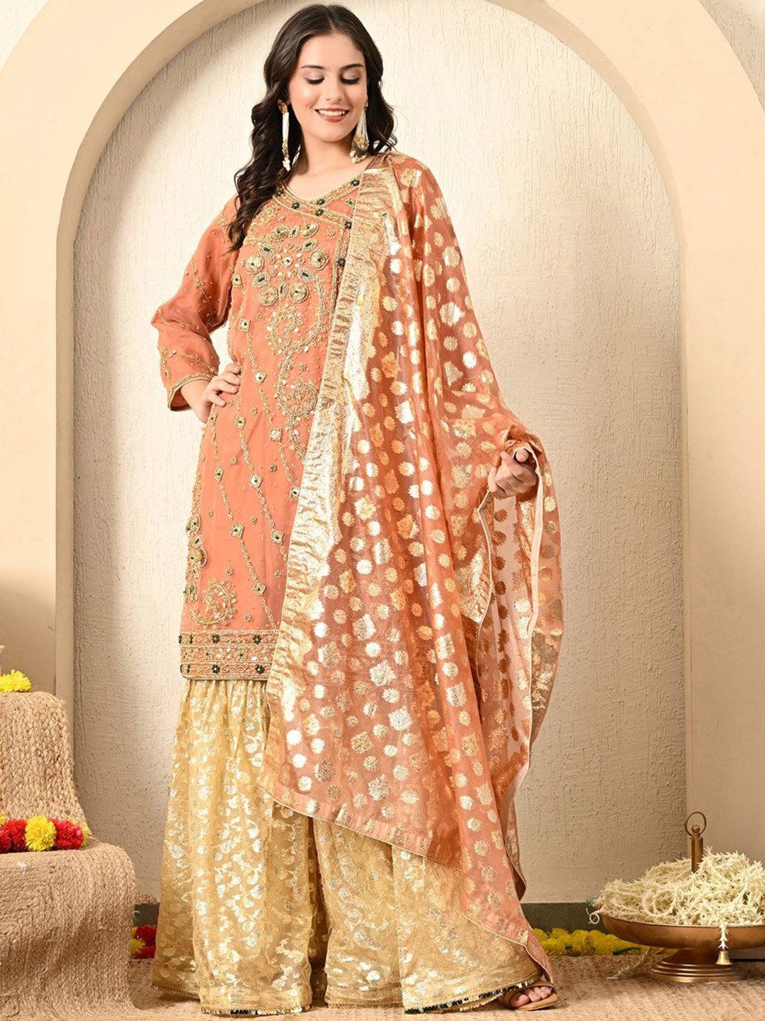 

ZARIKALI Ethnic Motifs Embroidered Zardozi Net Straight Kurta With Sharara & Dupatta, Peach