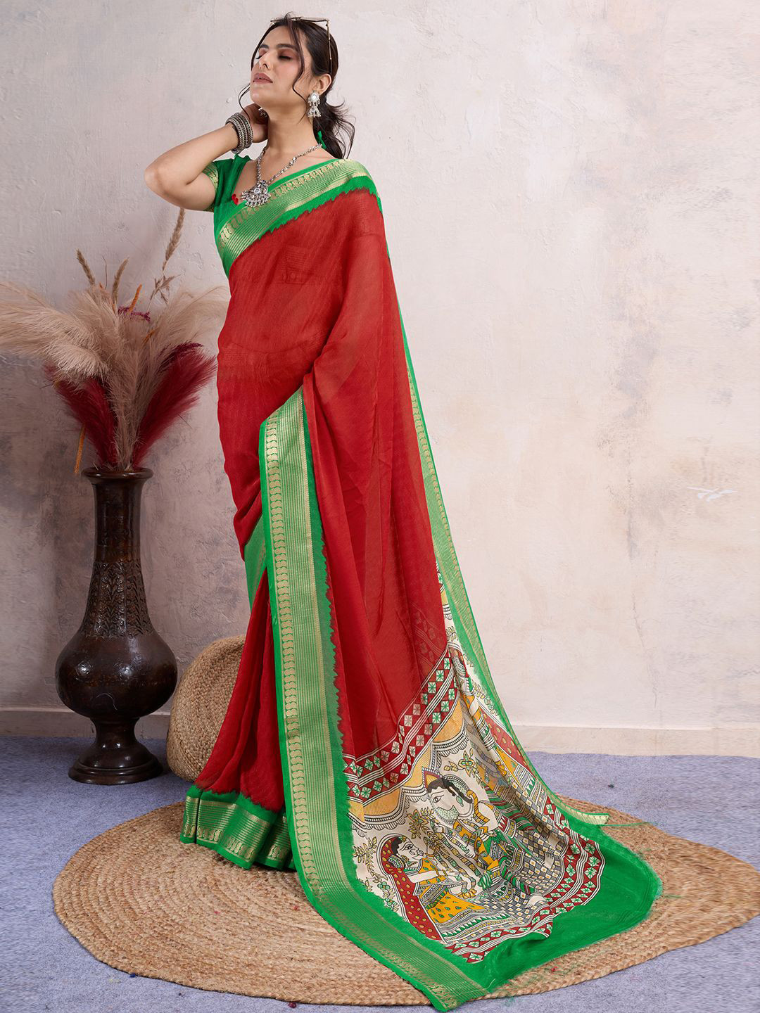 

Mitera Zari Silk Blend Saree, Red