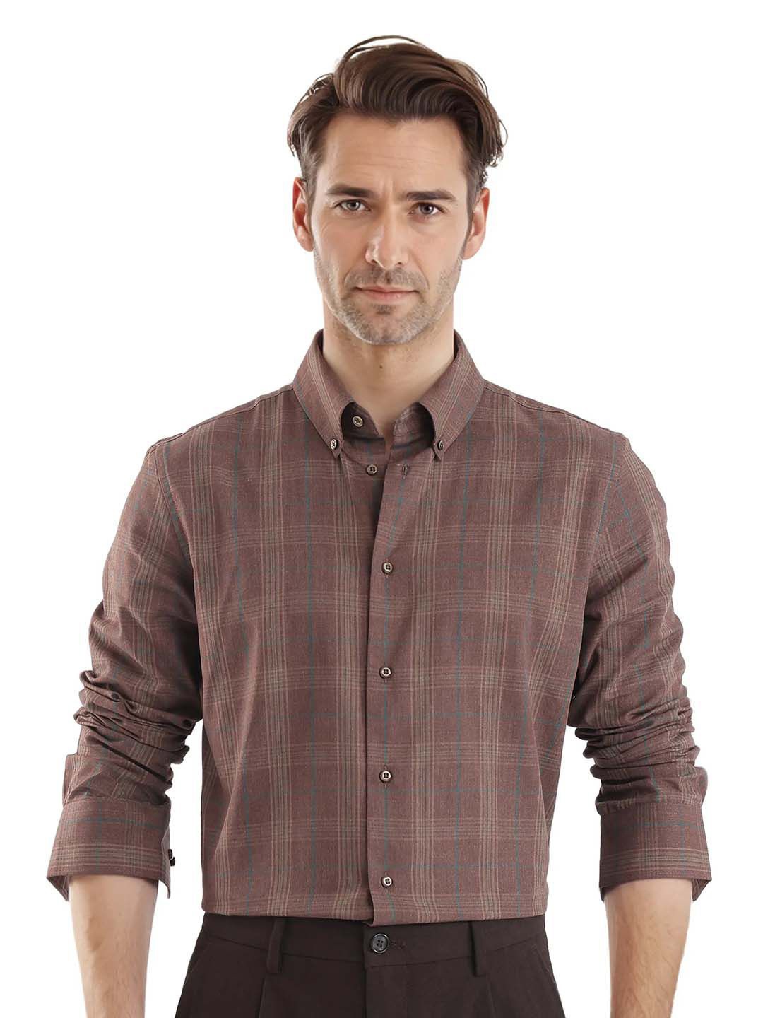 

RARE RABBIT Men Comfort Fit Button-Down Collar Checked Cotton Casual Shirt, Brown