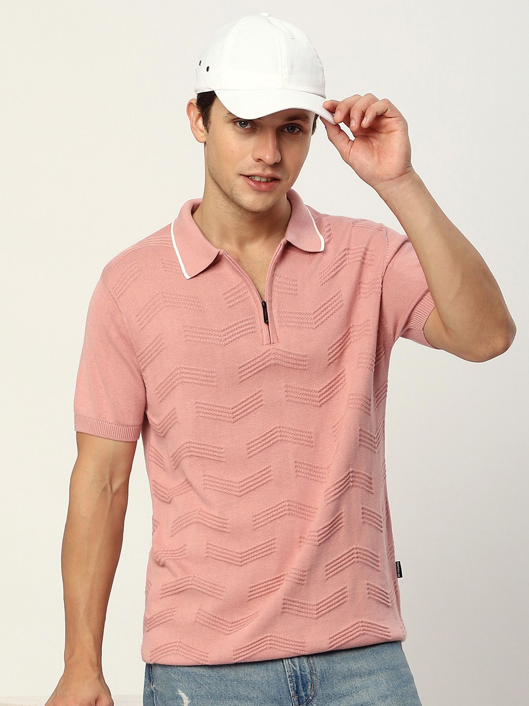 

Beyoung Men Polo Collar Raw Edge T-shirt, Pink