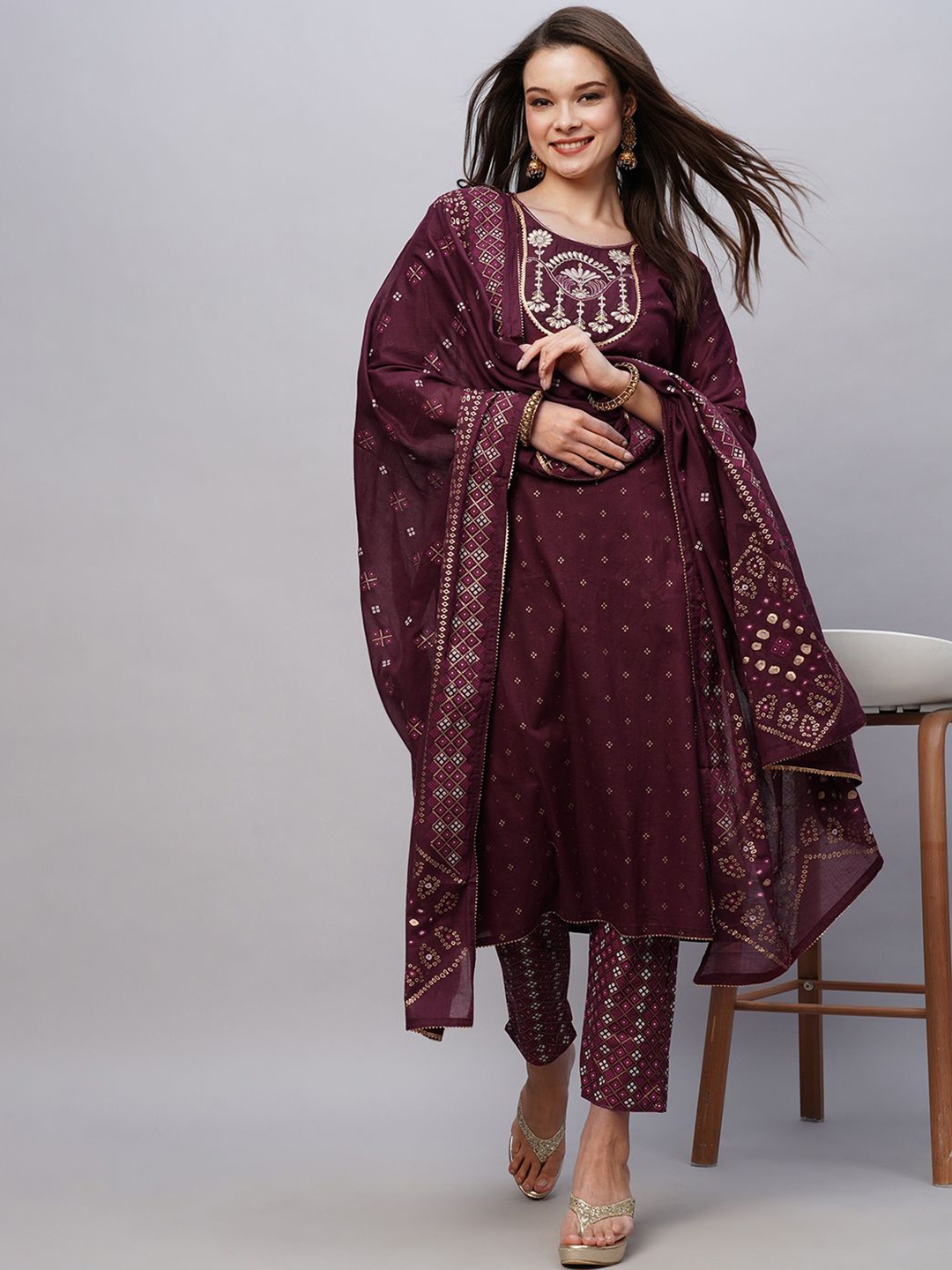 

KALINI Floral Printed Thread Work Pure Cotton Straight Kurta with Trousers & Dupatta, Lavender