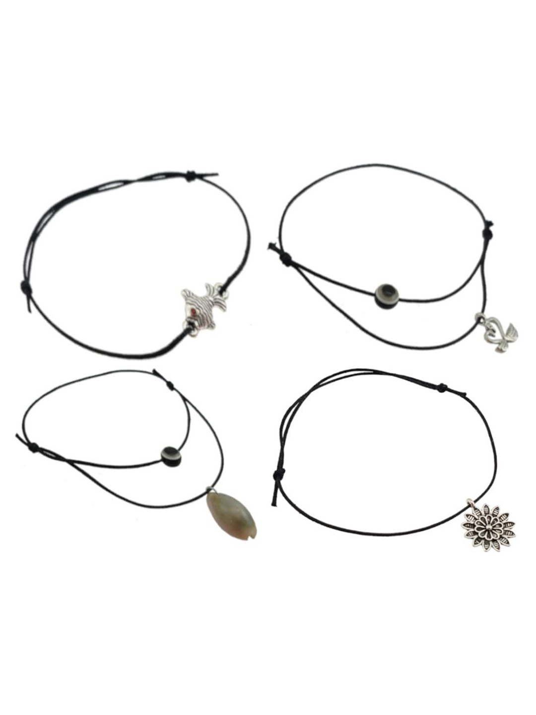 

HIGH TRENDZ Set Of 4 Beaded Single Leg Anklets, Silver