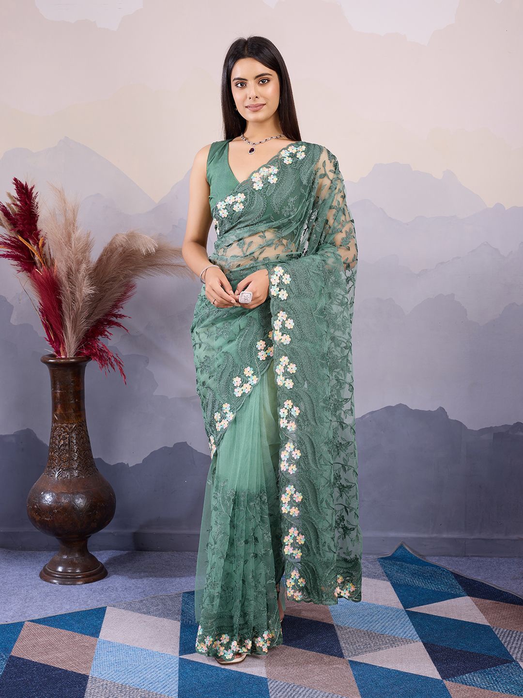 

HERE&NOW Floral Embroidered Net Saree, Olive