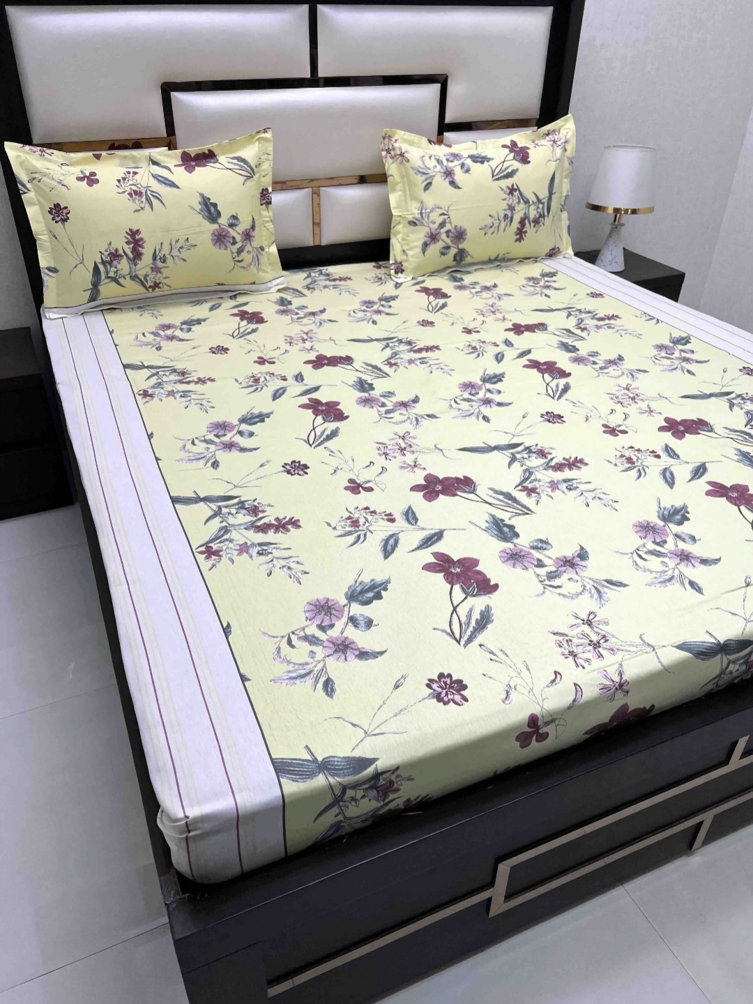 

Pure Decor Yellow & Purple Floral King Bedsheet with 2 Pillow Covers