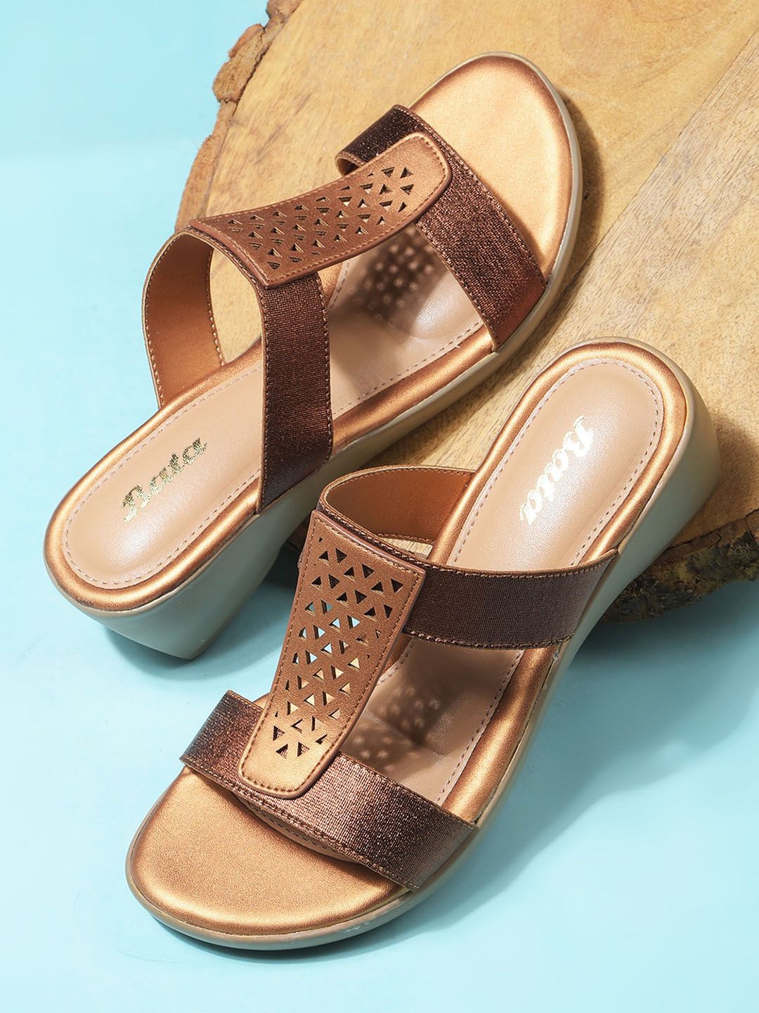 

Bata PU Party Wedge Sandals with Laser Cuts, Copper