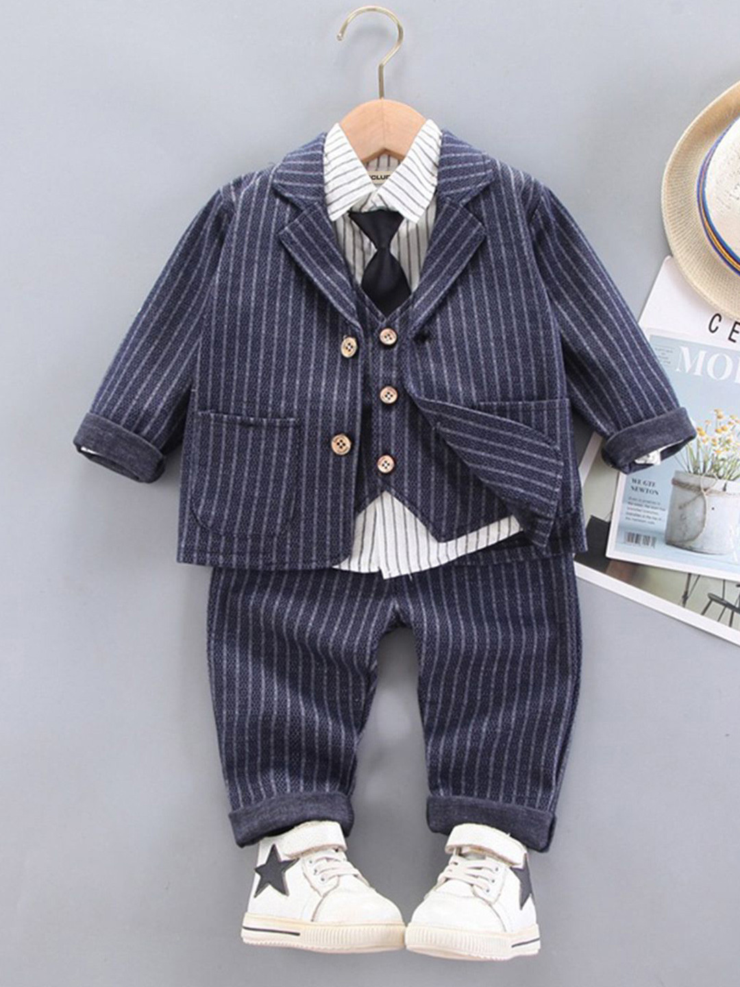 

INCLUD Boys Striped Single-Breasted Three-Piece Suit, Blue