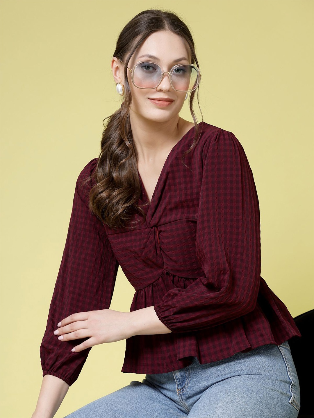 

BEING NAUGHTY Women Checked Twisted Peplum Top, Maroon