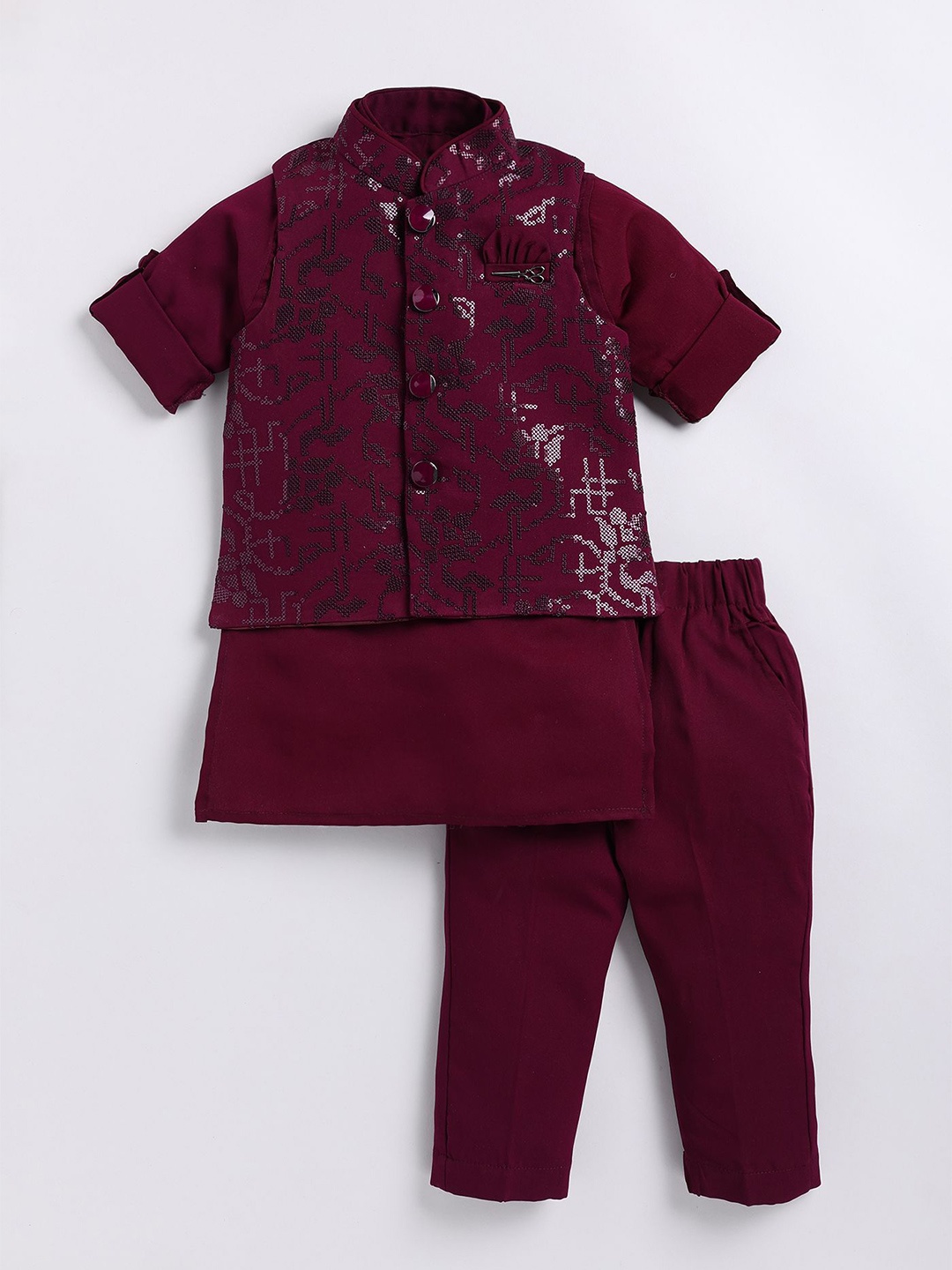 

Little Collars Kids Sequined Kurta & Trouser with Nehru Jacket, Red