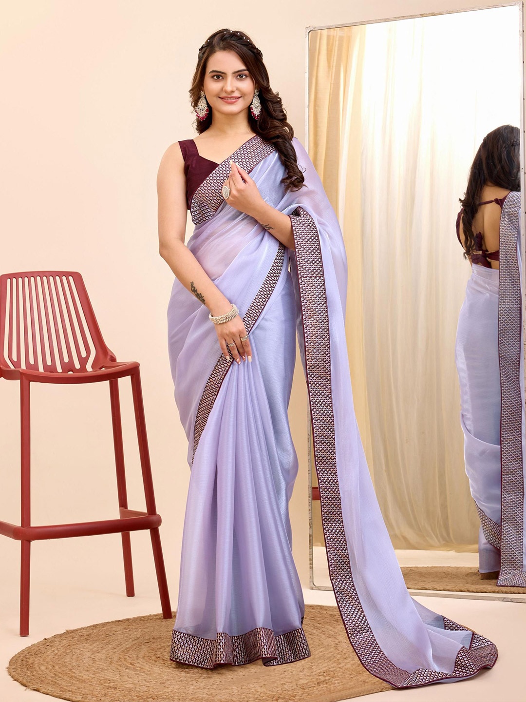 

HERE&NOW Sequinned Embellished Border Solid Saree With Blouse Piece, Lavender