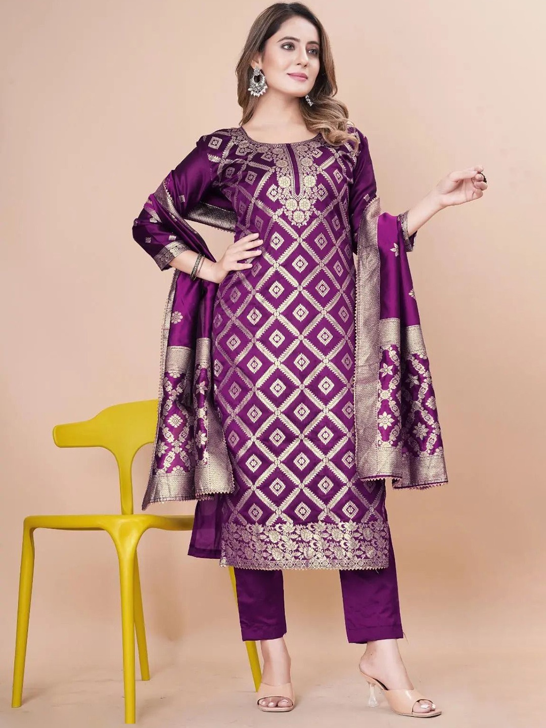 

LEAFFEB Art Silk Unstitched Dress Material, Purple