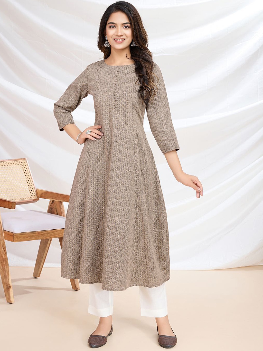 

MASSTANI BY INDDUS Geometric Woven Design Round Neck Three-Quarter Sleeves Kurta, Beige