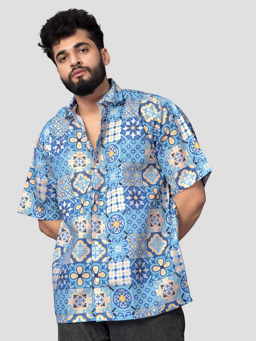 

BOWLIFESTYLE Men Classic Spread Collar Floral Printed Cotton Casual Shirt, Blue
