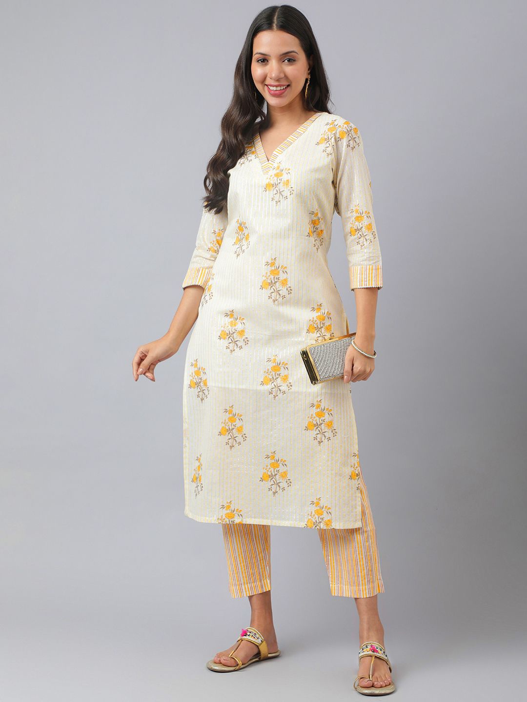 

KALINI Floral Printed V-Neck Pure Cotton Straight Kurta with Trousers, Yellow