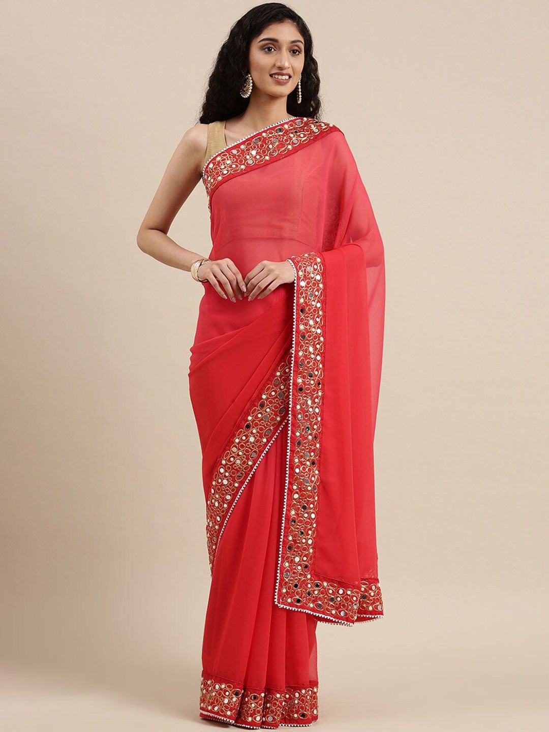 

Shiroya Brothers Floral Mirror Work Pure Georgette Designer Bandhani Saree, Red