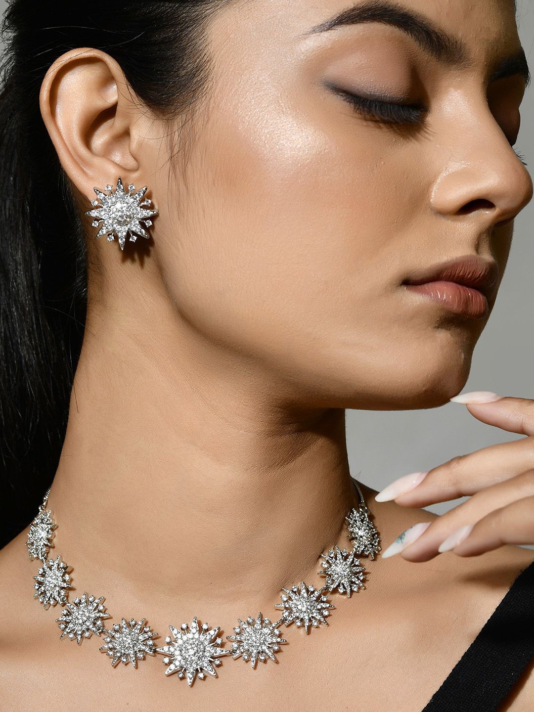 

Voylla Rhodium Plated Stone-Studded Jewellery Set, Silver