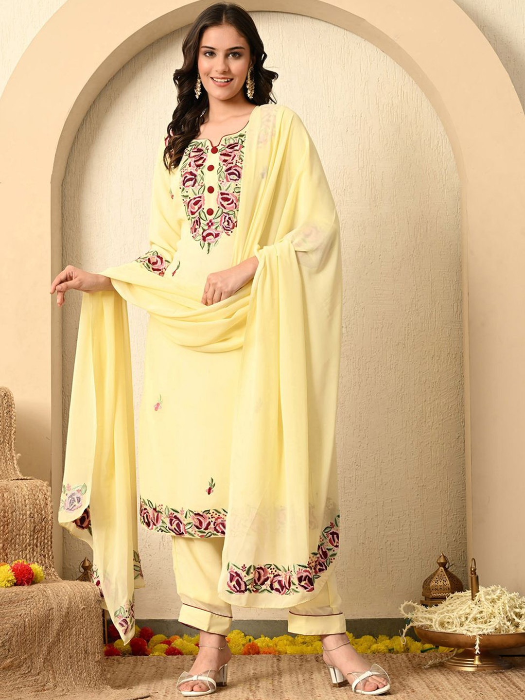 

ZARIKALI Floral Embroidered Thread Work Straight Kurta With Trousers & Dupatta, Yellow