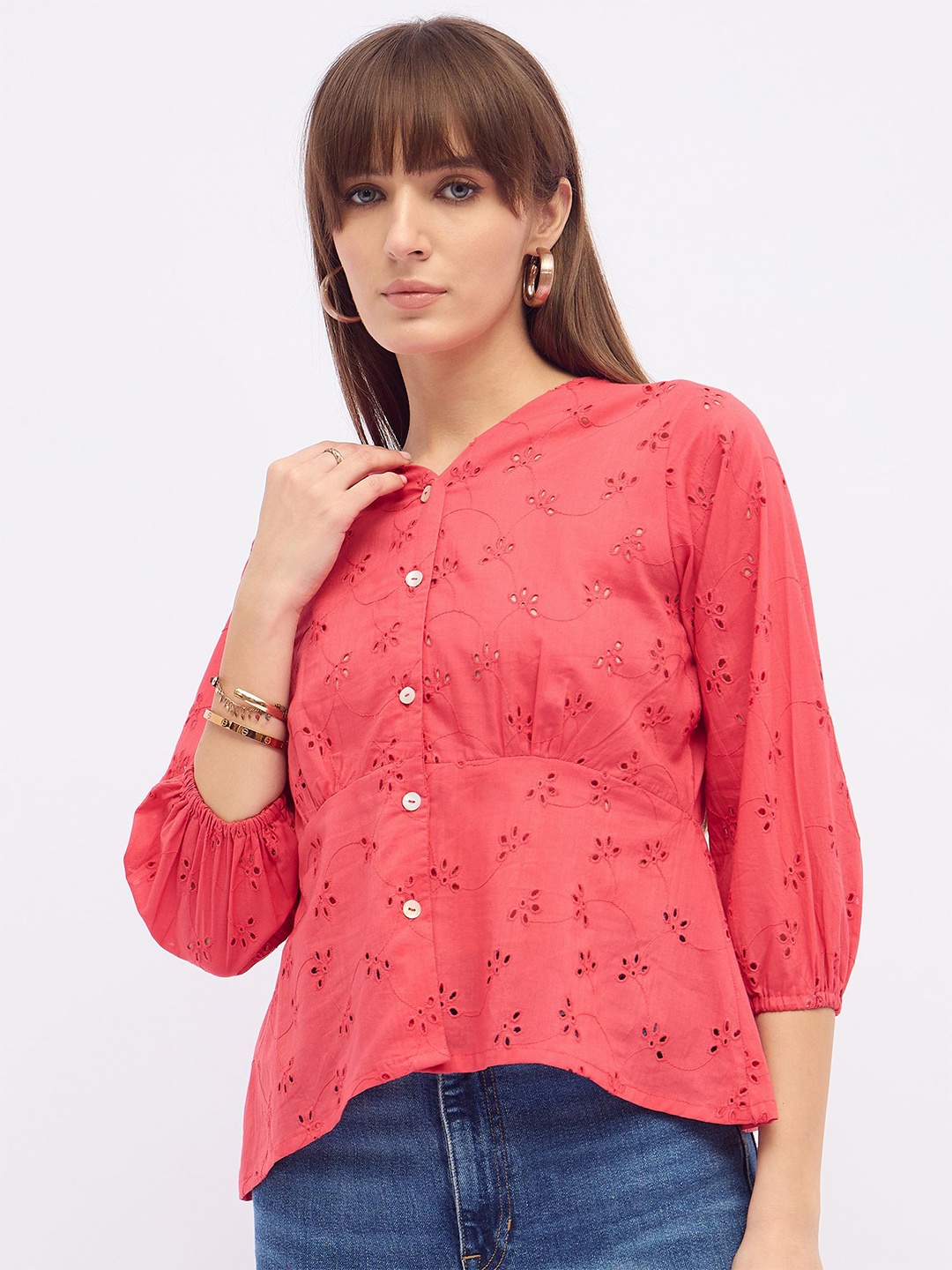 

DressBerry Cotton Schiffli Shirt Style Top, Coral