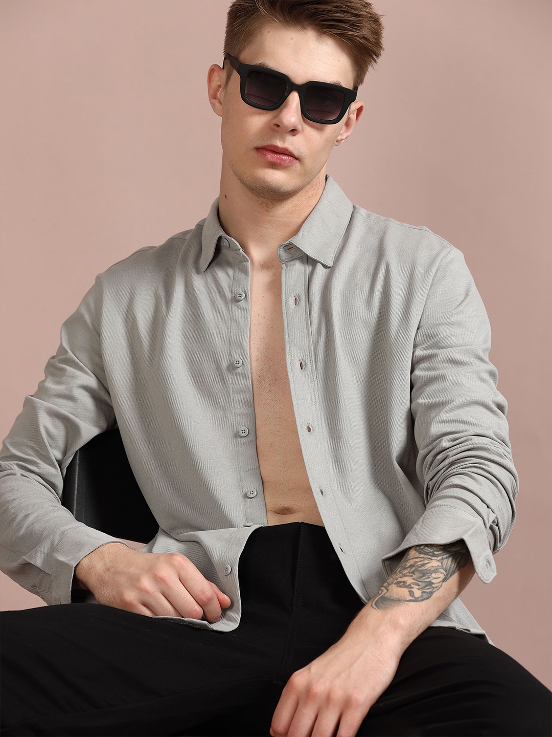 

StitchX Men Solid Long Sleeve Knitted Shirt, Grey