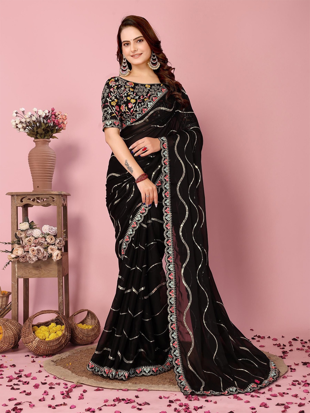 

HERE&NOW Women Embroidered Sequinned Saree, Black