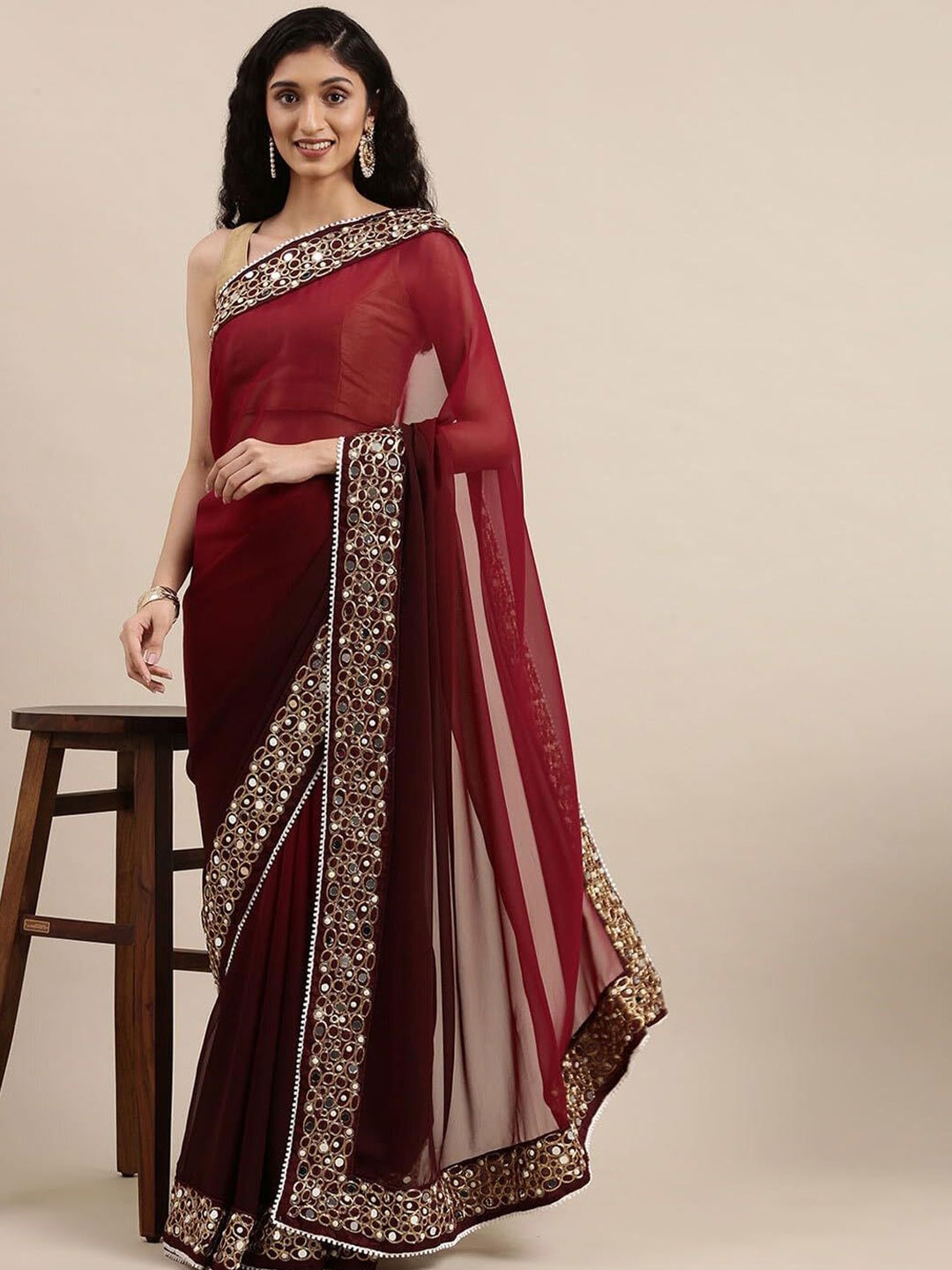 

Shiroya Brothers Mirror Work Pure Georgette Bandhani Saree, Purple