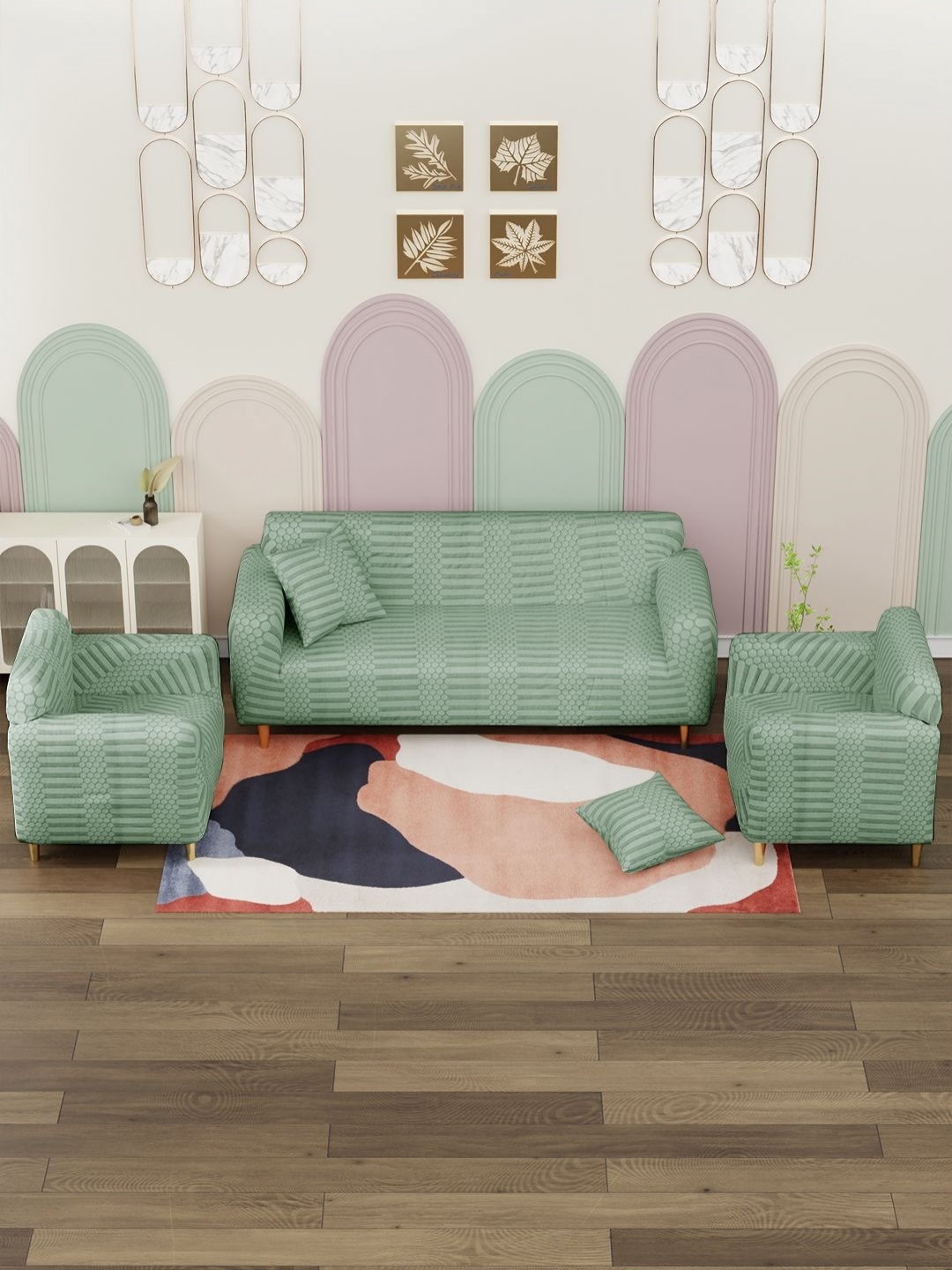 

Myntra Elegant Homes Green Self Design Jacquard 5 seater Sofa Cover With Arms