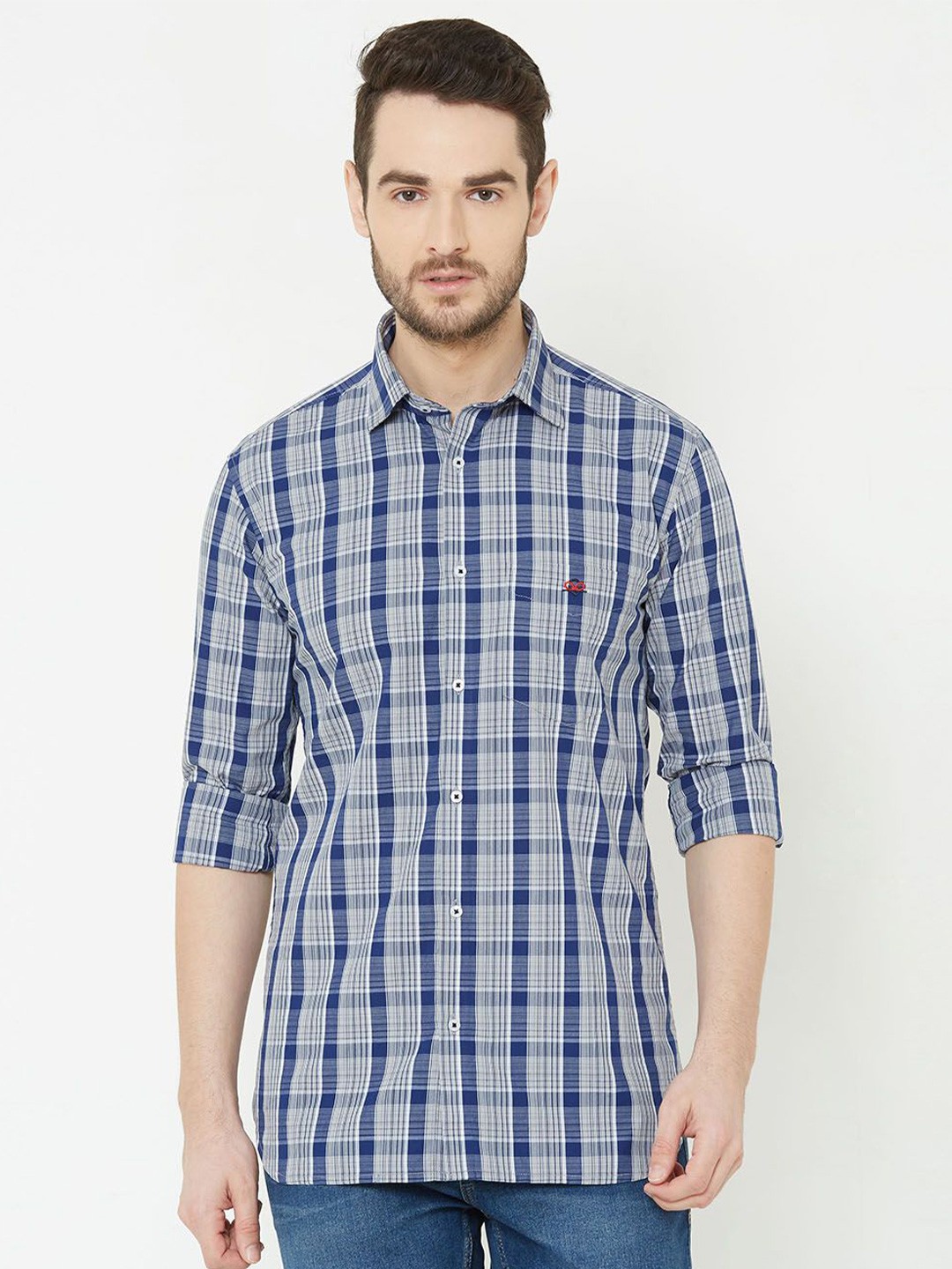 

TERAXO Men Comfort Fit Spread Collar Checked Cotton Casual Shirt, Blue