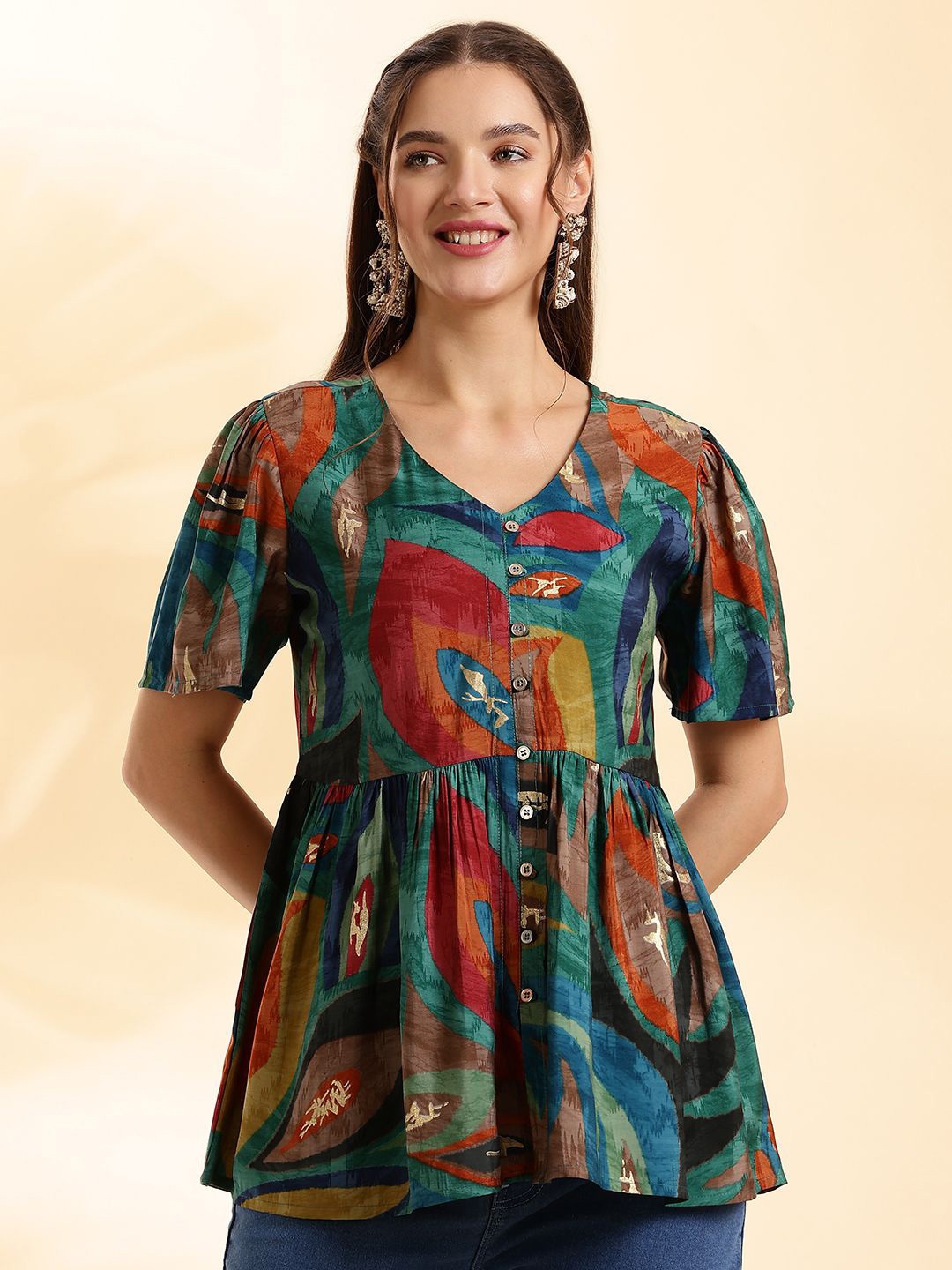 

Anouk Women Printed Flared Sleeve Pure Silk Top, Multi