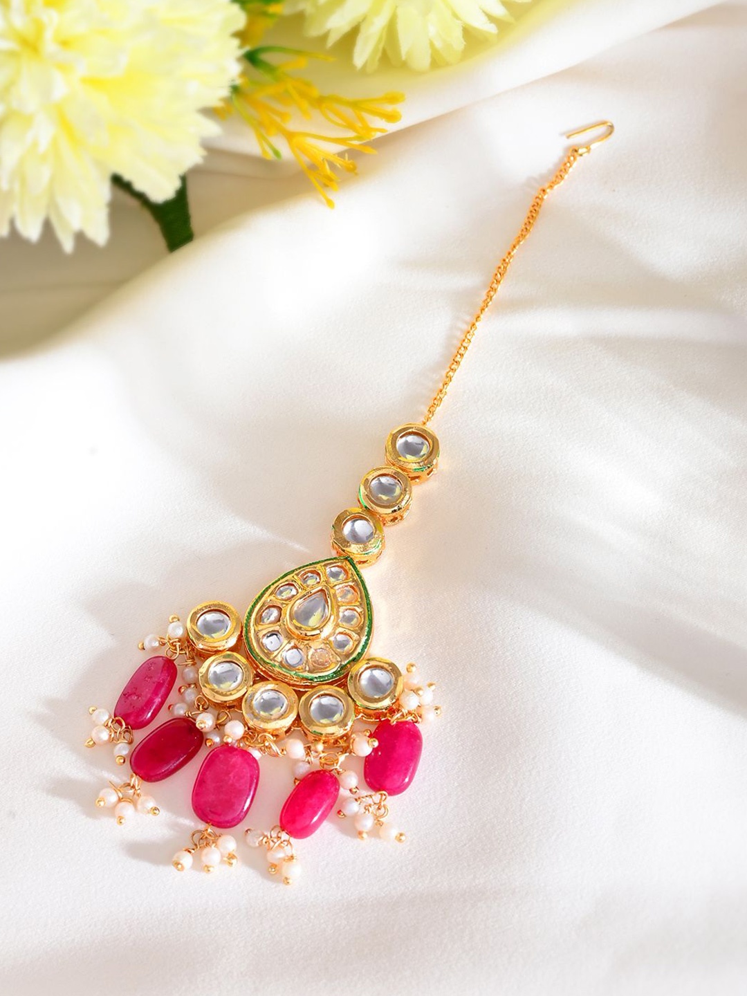 

Silvermerc Designs Gold-Plated Pearls Studded Maang Tikka Head Jewellery