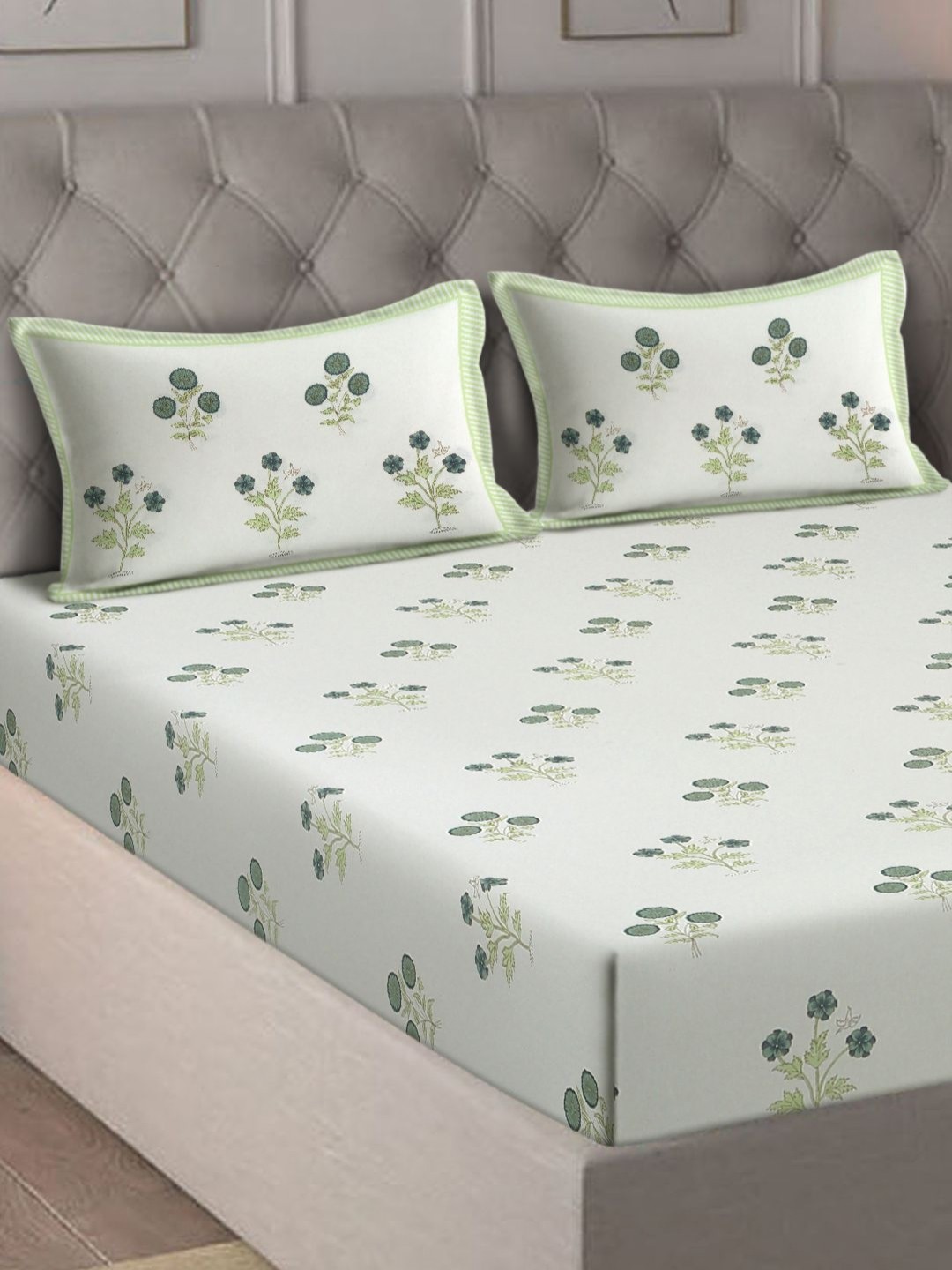 

eyda White & Green Floral 180 TC King Bed Sheet with 2 Pillow Covers