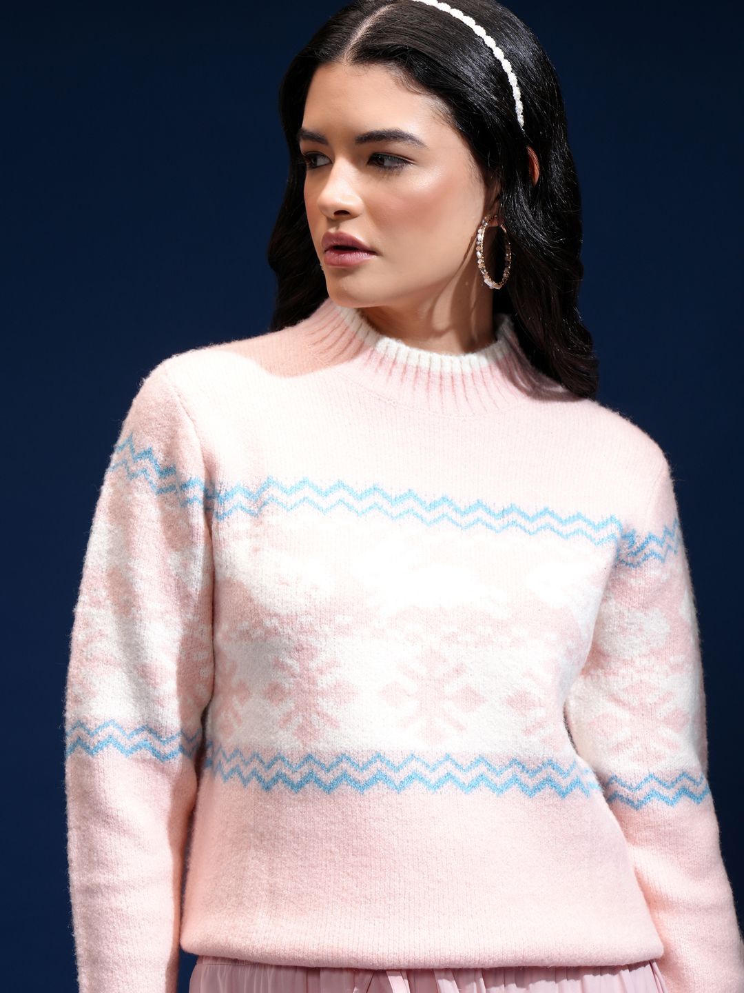 

Tokyo Talkies Women Geometric Self Design Pullover, Rose gold