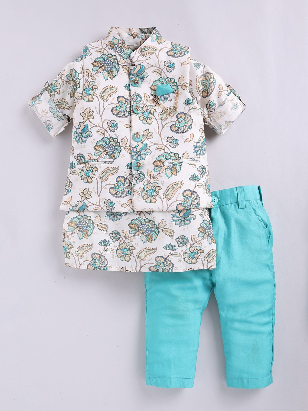 

LITTLE COLLARS Boys Floral Printed Mandarin Collar Straight Kurta & Trouser & Nehru Jacket, Blue