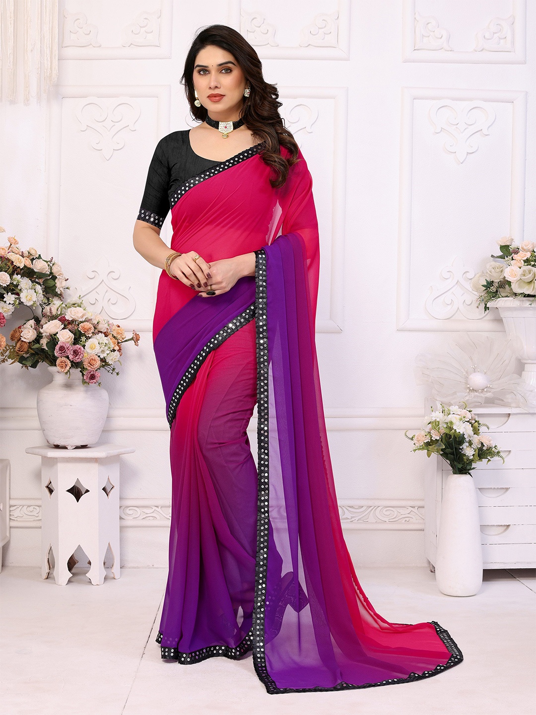 

MAGMINA Ombre Sequinned Pure Georgette Saree, Magenta