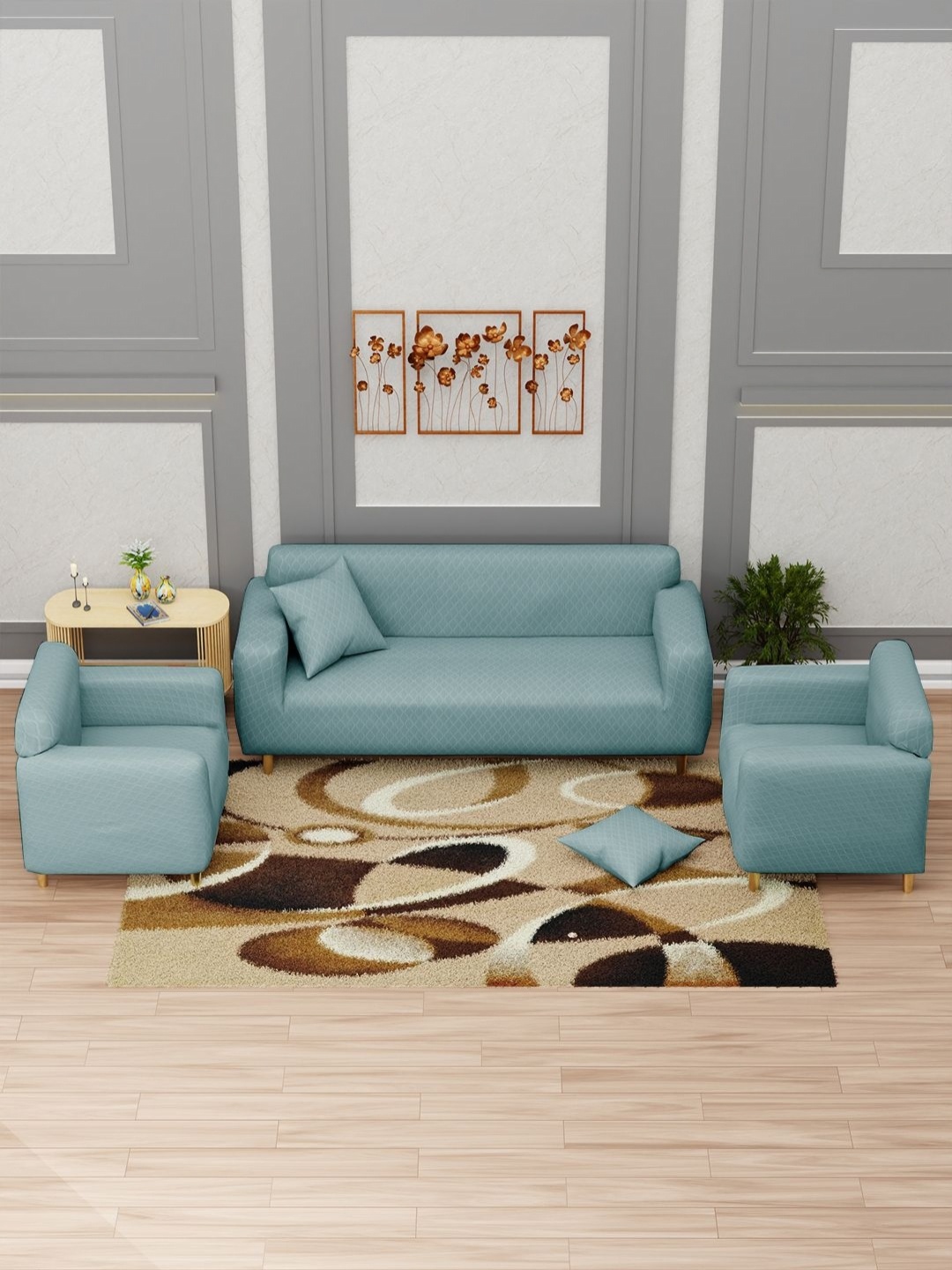 

Myntra Elegant Homes Blue Diamond Self Design 5 Seater Sofa Cover With Arms