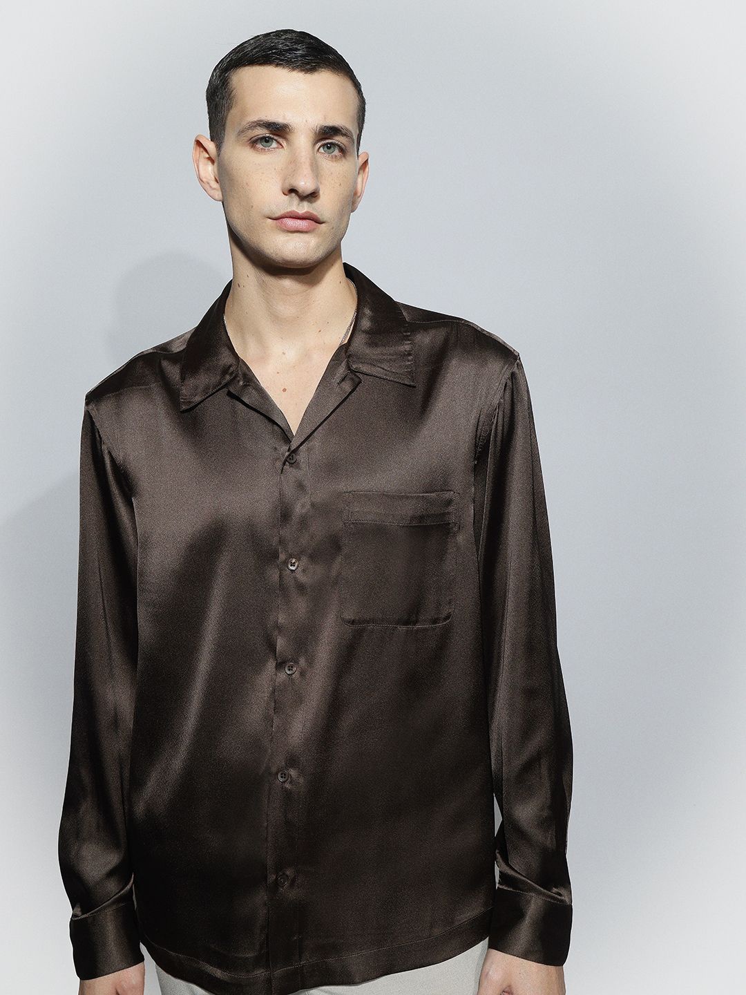 

H&M Regular Fit Satin Shirt, Brown
