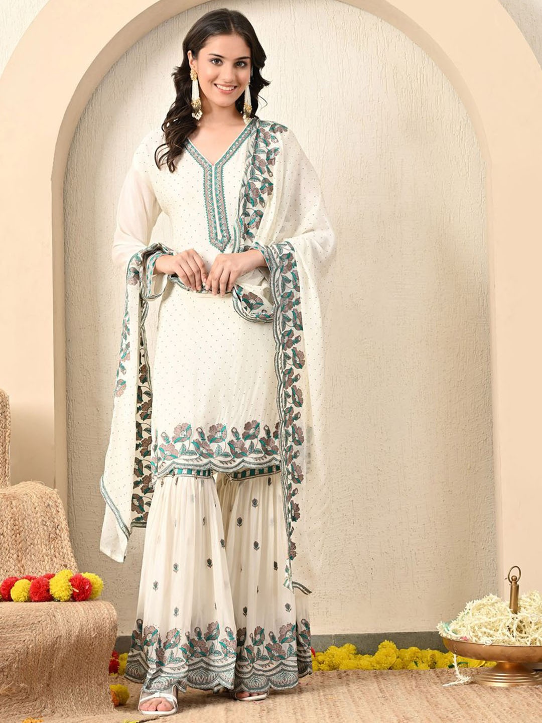 

ZARIKALI Ethnic Motifs Embroidered Thread Work Kurta With Sharara & Dupatta, Cream