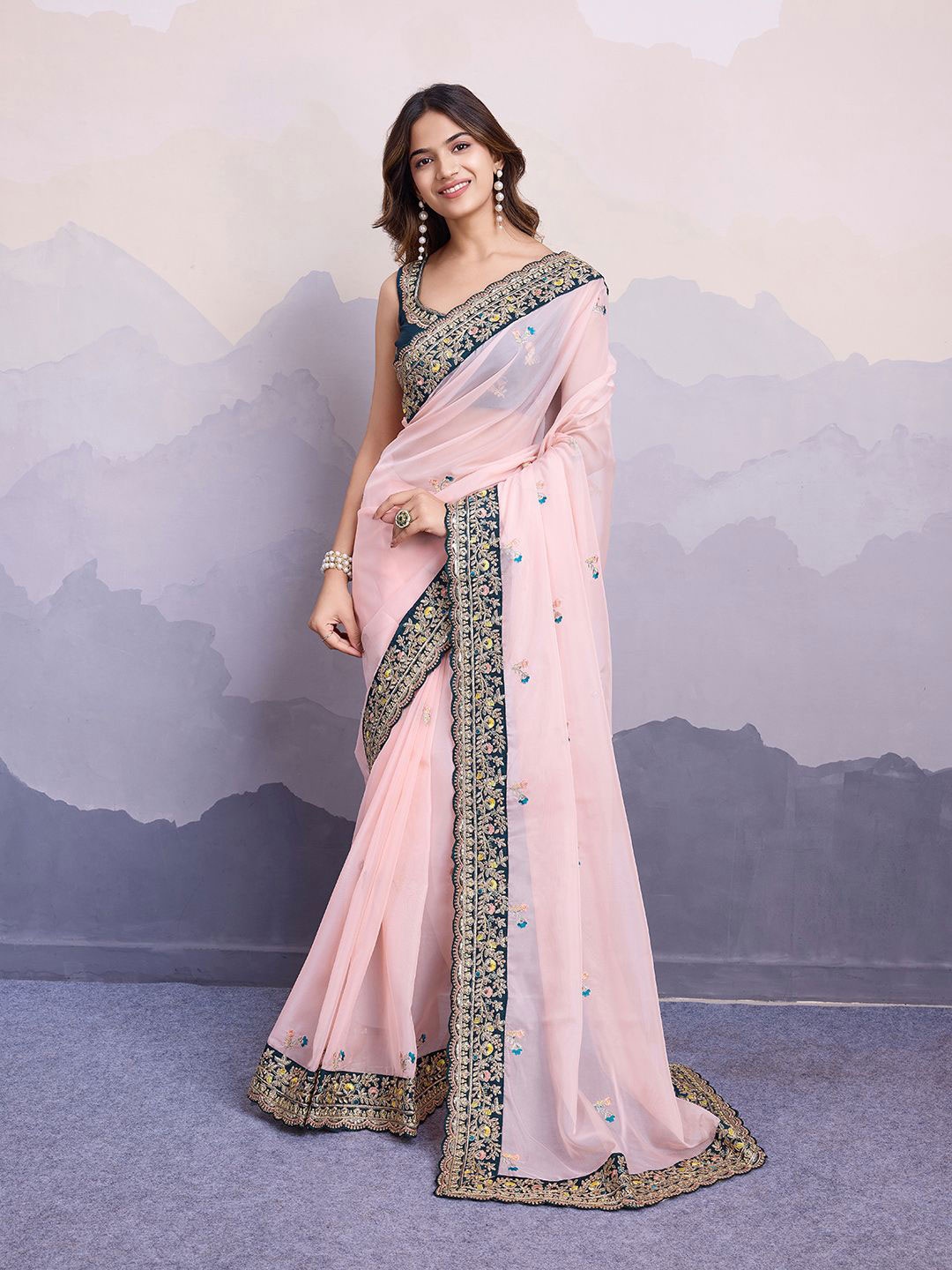 

HERE&NOW Floral Embroidered Zari Organza Saree, Mauve